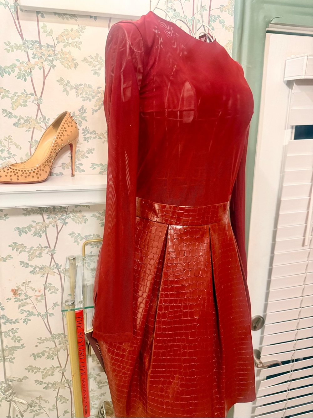 Alice + Olivia Red Long-Sleeve Mesh Top with Faux-Croc Skirt NWT